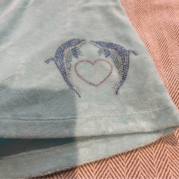 ASYOU Terrycloth Mini Skirt + Halter Crop with Dolphin Graphic Hot Fix in Blue - Picture 15 of 16